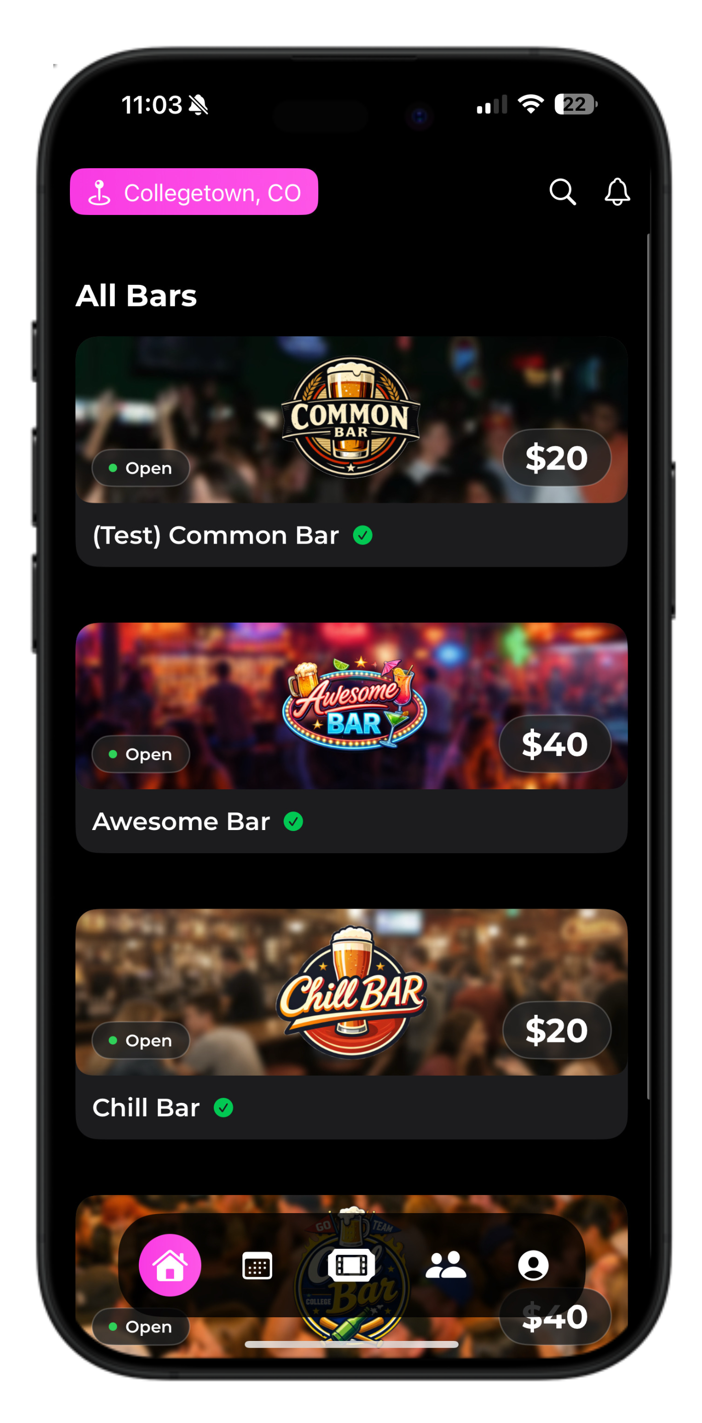 CoverMe app showing nearby venues